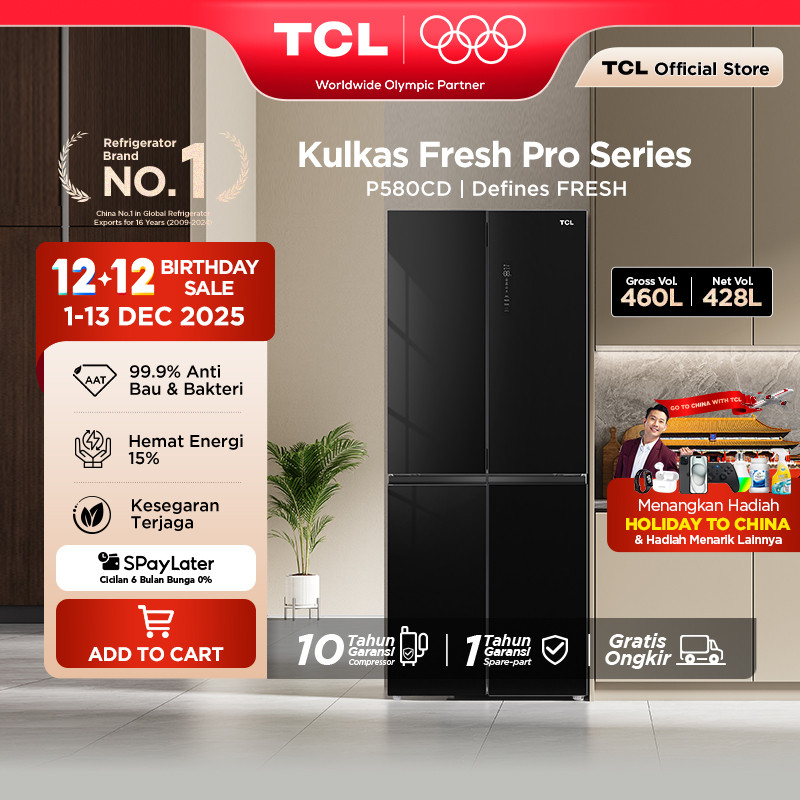 TCL Kulkas 4 Pintu - Kapasitas 460L - Bio Fresh - Wet and Dry Storage - Tanpa Bunga Es - Lemari Es -