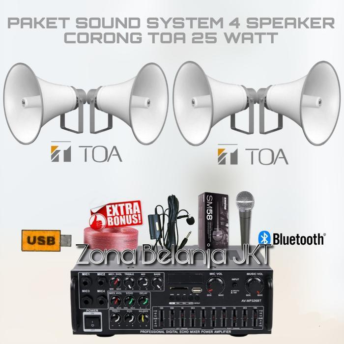 PAKET SOUND SYSTEM TOA MASJID MUSHOLA 4 SPEAKER CORONG TOA 25 WATT AMPLIFIER USB BLUETOOTH MIC ( SET