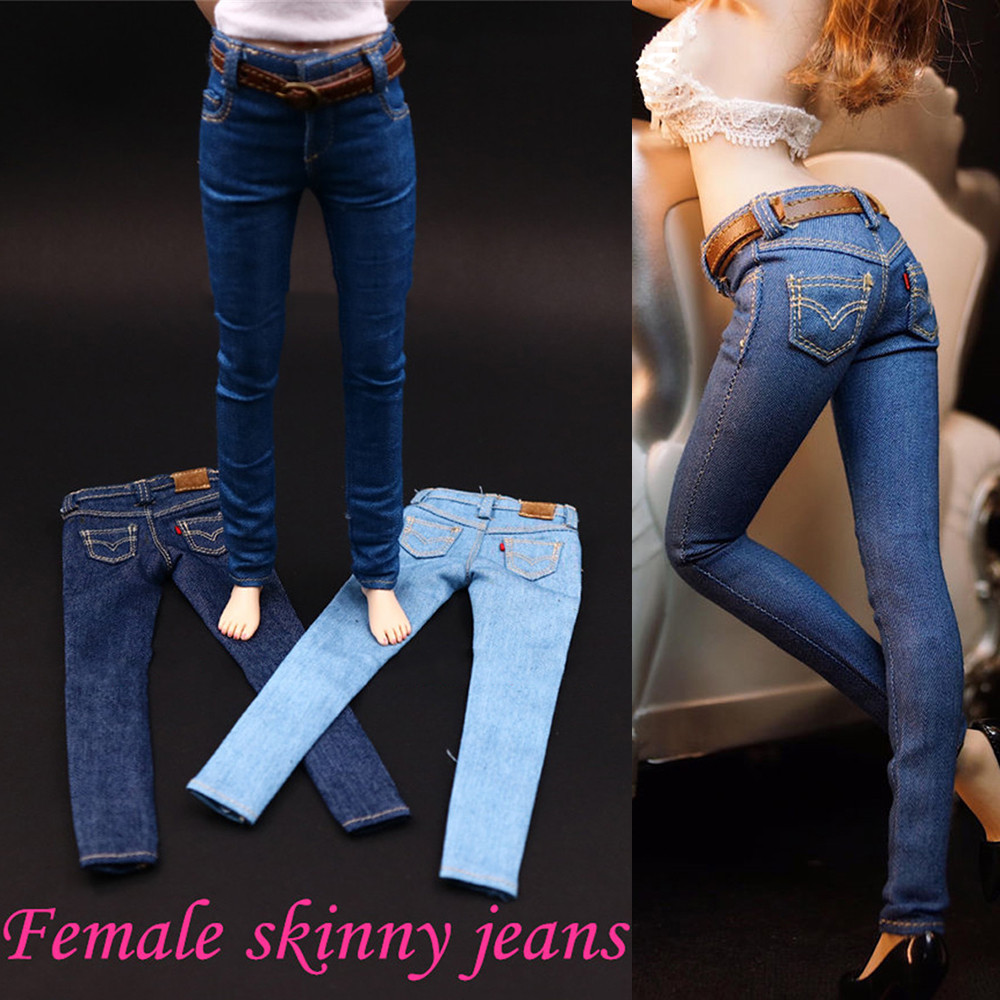 In Stock CF001 1/6 Female Skinny Blue Jeans Pencil Pants with Leather Belt for 12" PH Doll Jiaou Dol