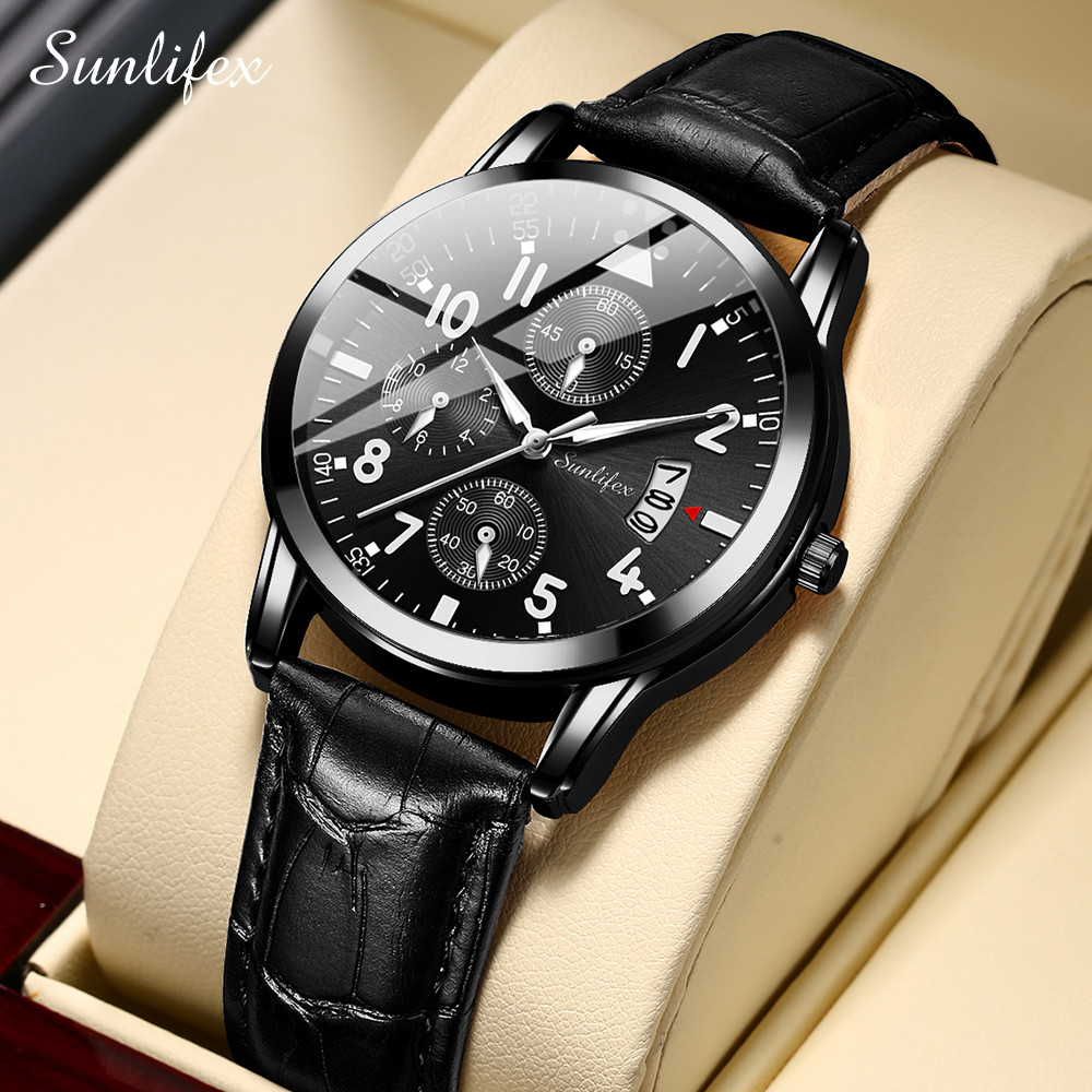 Sunlifex Jam Tangan Pria Original Anti Air Kuarsa Tali Kulit Jam Tangan Cowok  (Free BOX+Kartu Garan