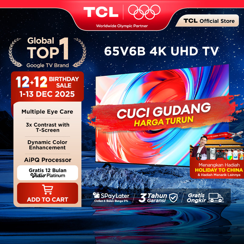 [4K Big Google TV] TCL 65 Inch V6B - Smart UHD - T-Screen - Dolby Audio - HDR10 - AiPQ Processor - D
