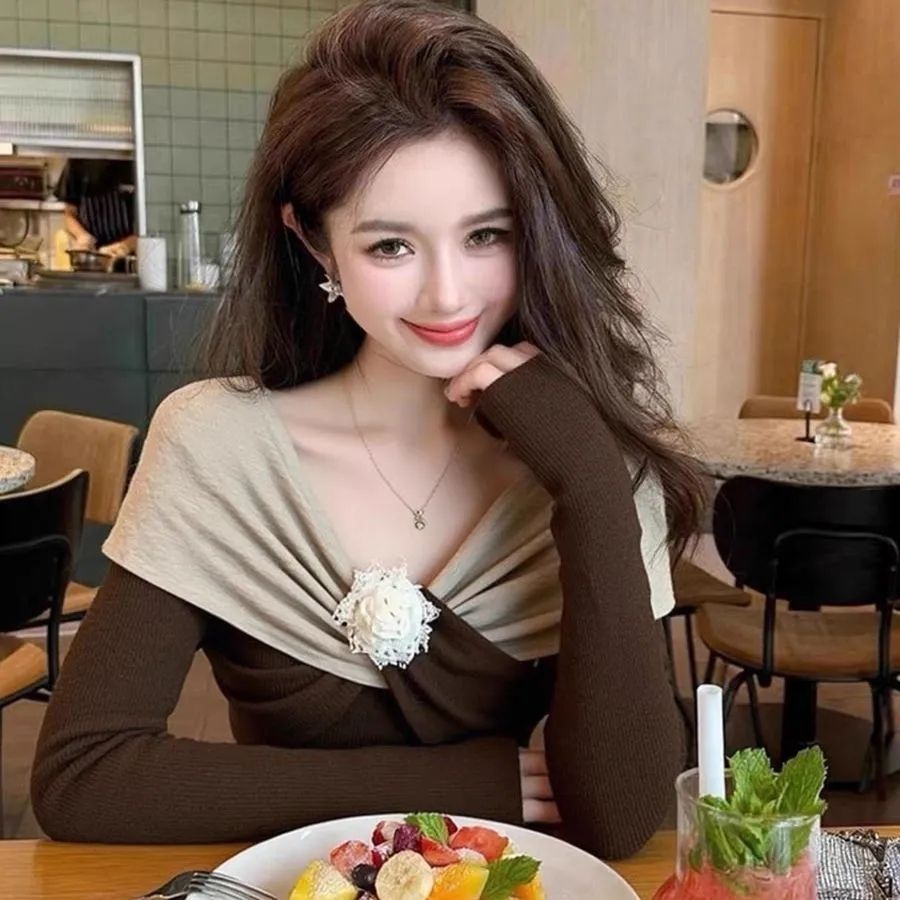 Aroana Atasan langsing fashion wanita high-end coklat Korea