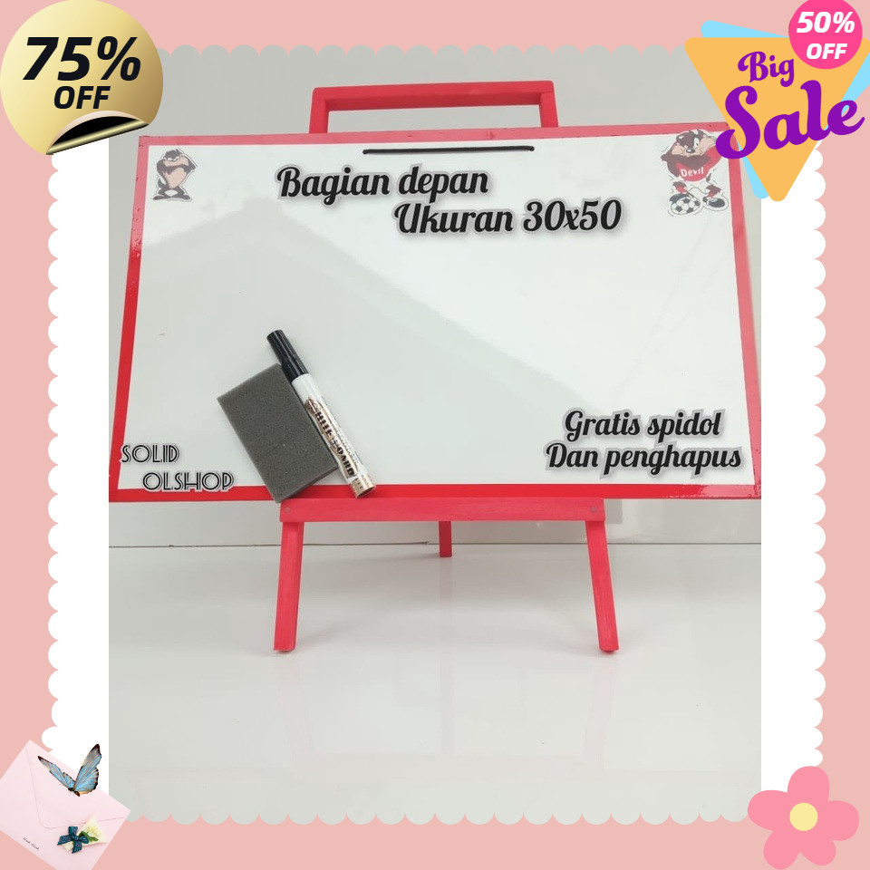 Papan tulis white board anak dengan penyaangga ukuran 30x50 gratis free spidol + penghapus