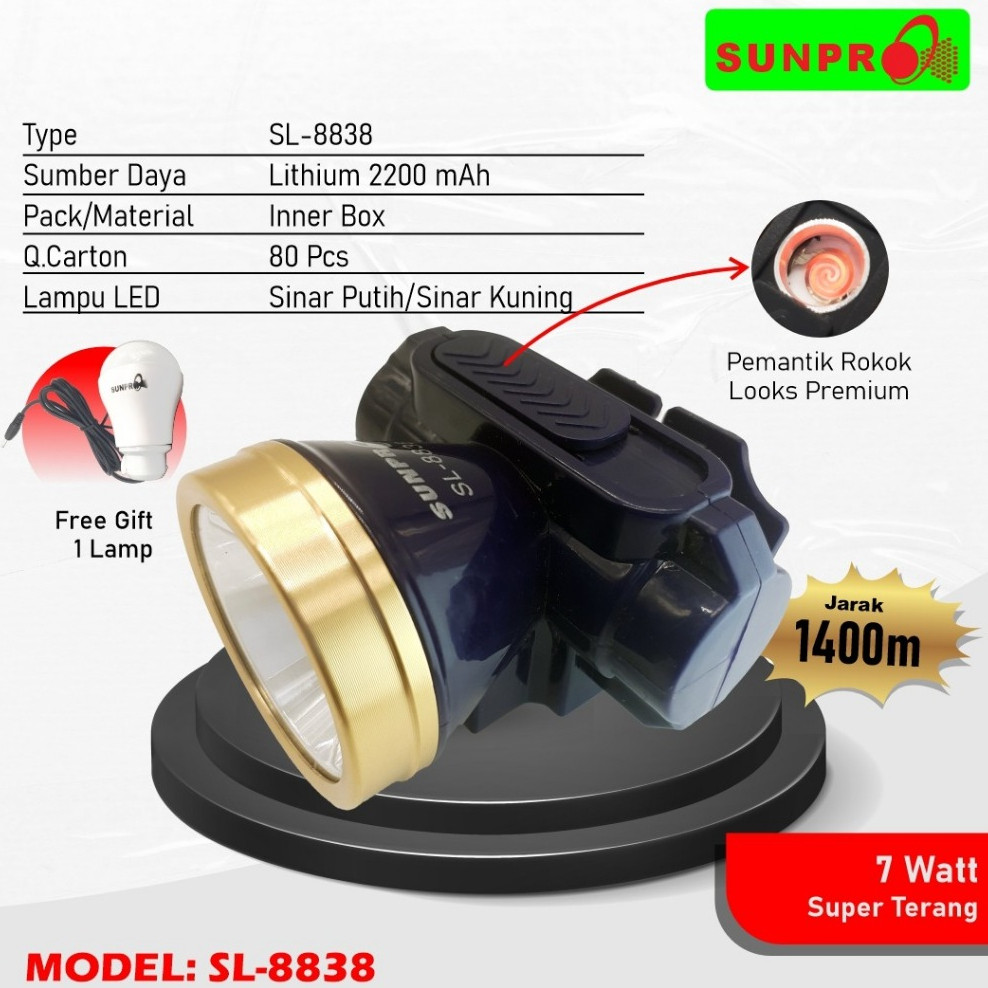 BARU Senter Kepala Sunpro SL 8838 ada Korek Api - Headlamp Sunpro SL-8838 7Watt