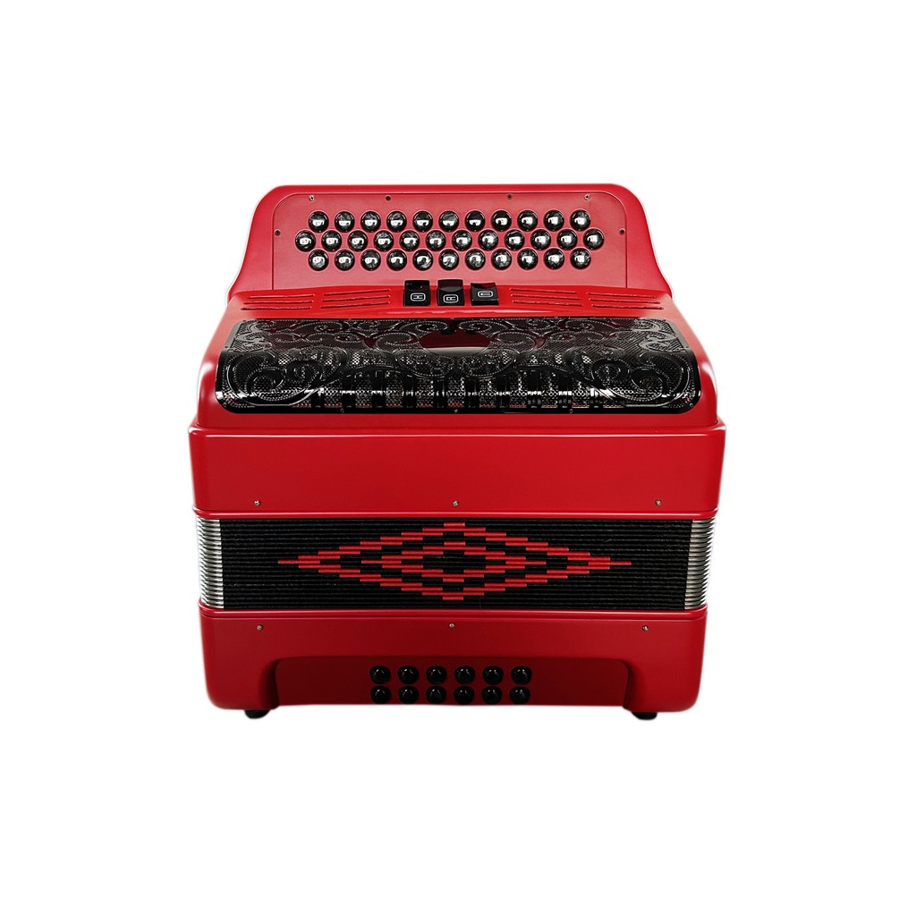34 Buttons 12 Bass Accoron 3 Registers, Red Body Black Grill Acordeon, Professional Musical trument 