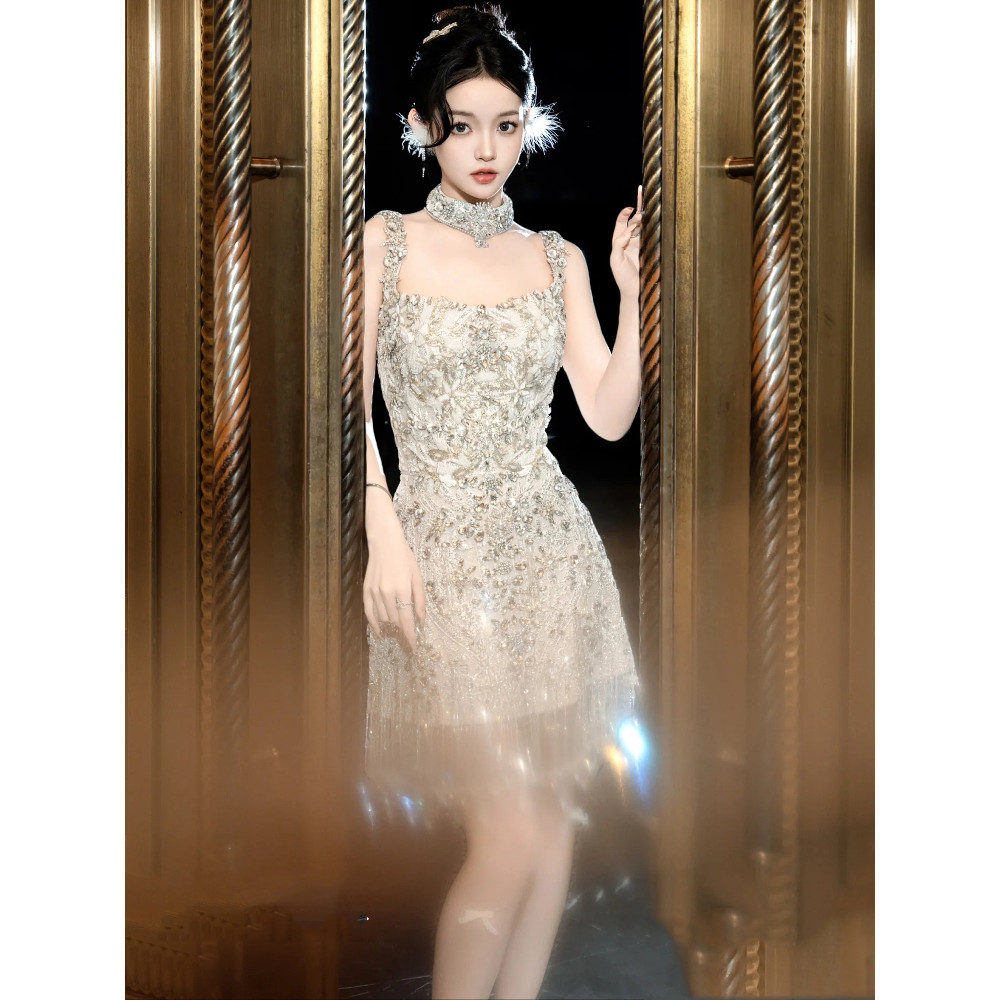 Gaun pesta ulang tahun gaya Korea baru yang mewah, gaun pesta tulle putih berpayet buatan tangan, ga