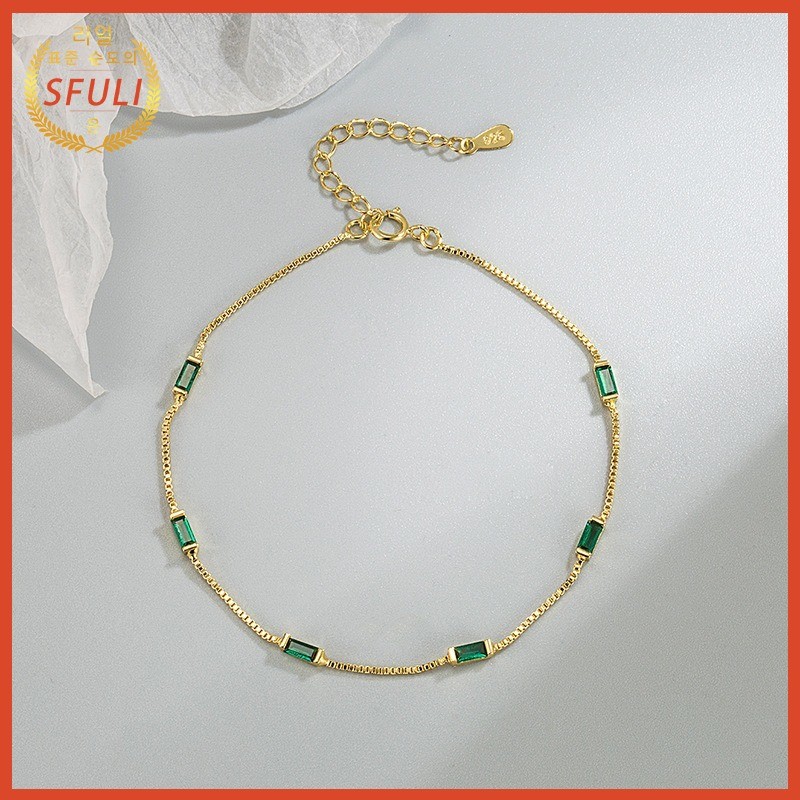 Gelang Wanita Rantai Tipis Berlapis Emas Berlian Hijau Vintage 18K