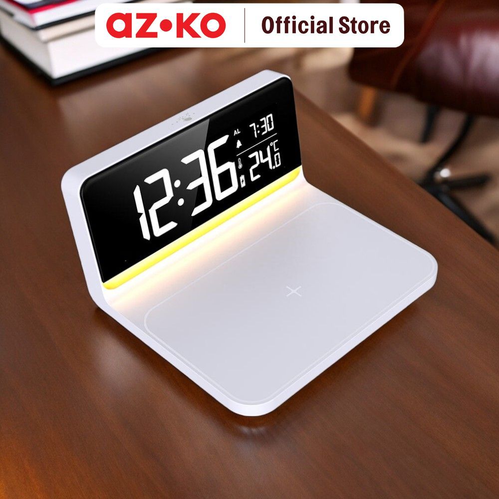 AZKO Forhom Jam Meja Led Digital Dengan Wireless Charger - Putih Desk Clock Jam Meja Alarm Jam Kecil