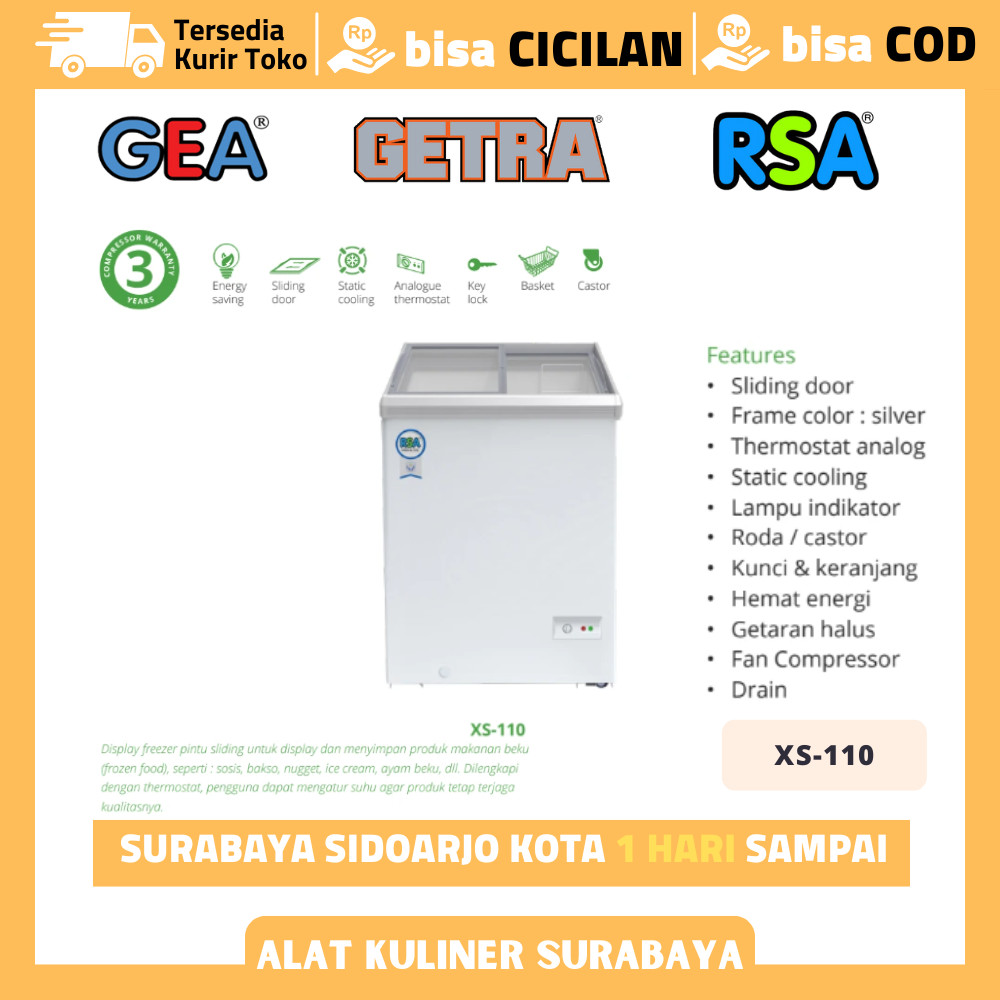 Chest Freezer Sliding RSA XS-110 Freezer Sliding Kaca Flat Kapasitas 100 Liter Garansi Resmi