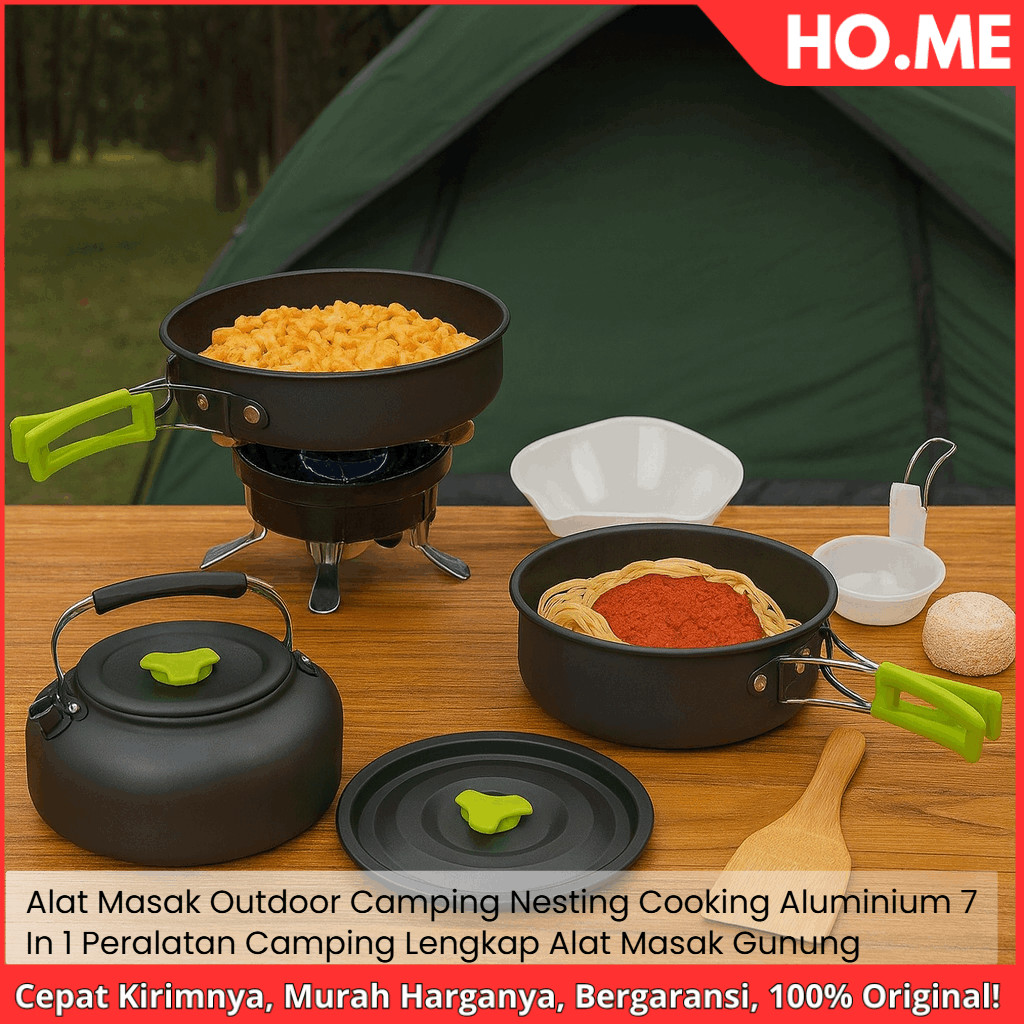 [HO.ME] Alat Masak Outdoor Camping Nesting Cooking Aluminium 7 in 1 – Peralatan Camping Lengkap – Al