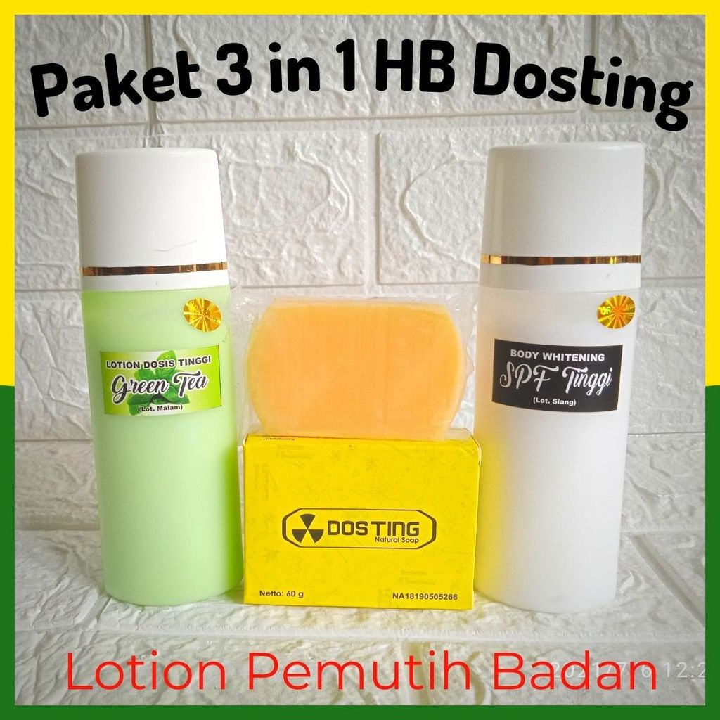 Milmilstore Paket 3 in 1 - Lotion Pemutih HB Dosting Green Tea + Sabun Dosting Natural (Warna Kuning