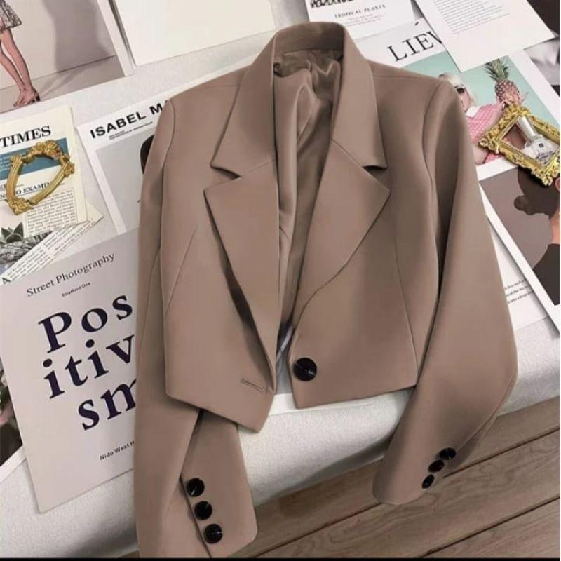 Blazer Crop Lengan Panjang Semi Wool Premium Outer Jas Pendek Korea Kekinian Hijab