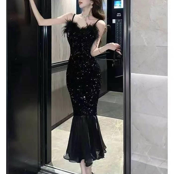 LONG DRESS BULU SQUIN DUYUNG KOMBINASI TILE / DRESS WANITA FASHION IMPORT - Hitam, S