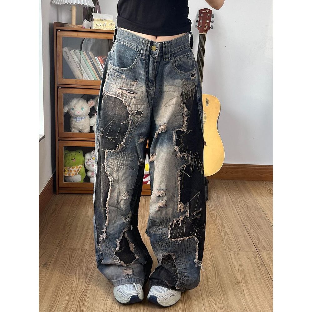 Celana jeans Amerika hitam yang dicelup dan dicelup, retro longgar, pinggang tinggi, celana kaki leb