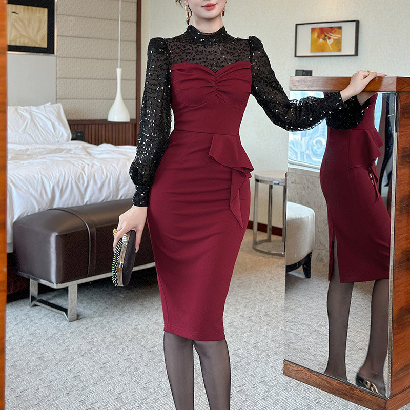 202512h Gaun anggur merah baru 31330 payet musim gugur dan musim dingin