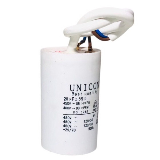 UNICON KAPASITOR BULAT TABUNG KABEL 20UF 20 UF 450V 450 VOLT CAPASITOR AC BODY KECIL BISA MESIN CUCI