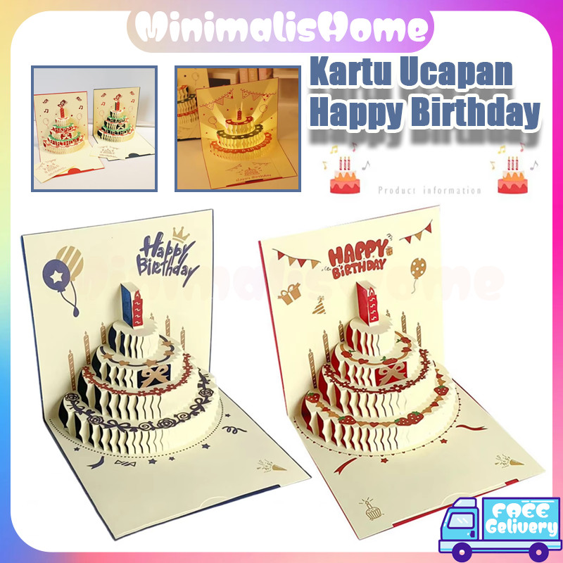 Lampu Musik Ulang Tahun Kartu Ucapan 3D/Kartu Ucapan Pop Up 3D Dengan Lampu + Musik/Tulisan Happy Bi