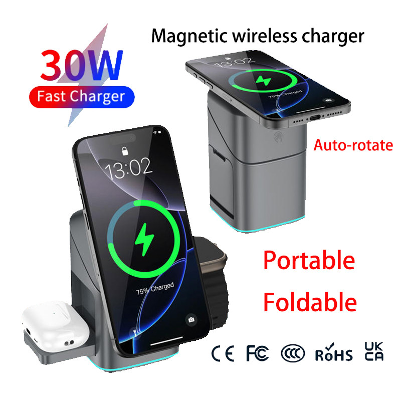 2025 Newest Universal Magnetic Charging Stand 30W Cube Rotational 3 in 1 Touch Auto Rotation Wireles