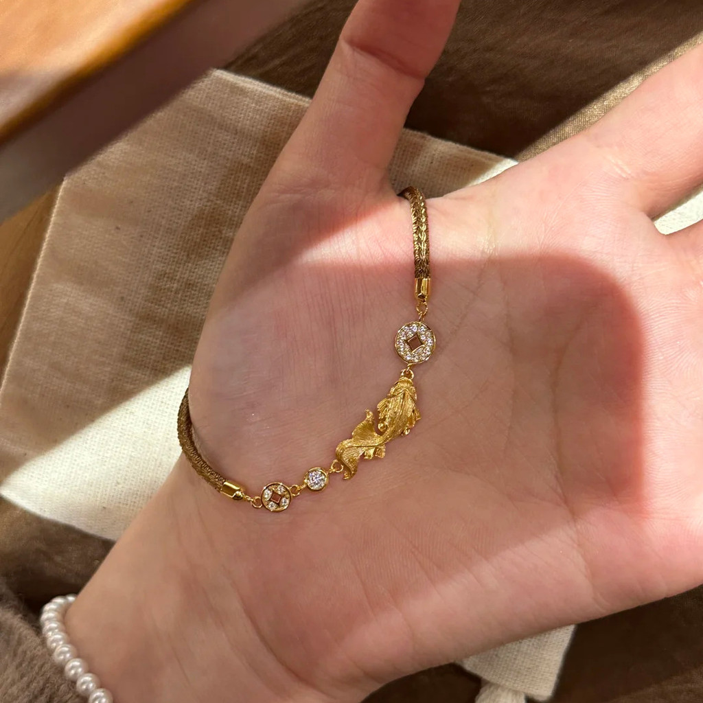 Gelang Ikan Koi untuk Wanita, Tali Coklat, Emas Dicuci, Ditenun dengan Berlian, Gaya Vintage
