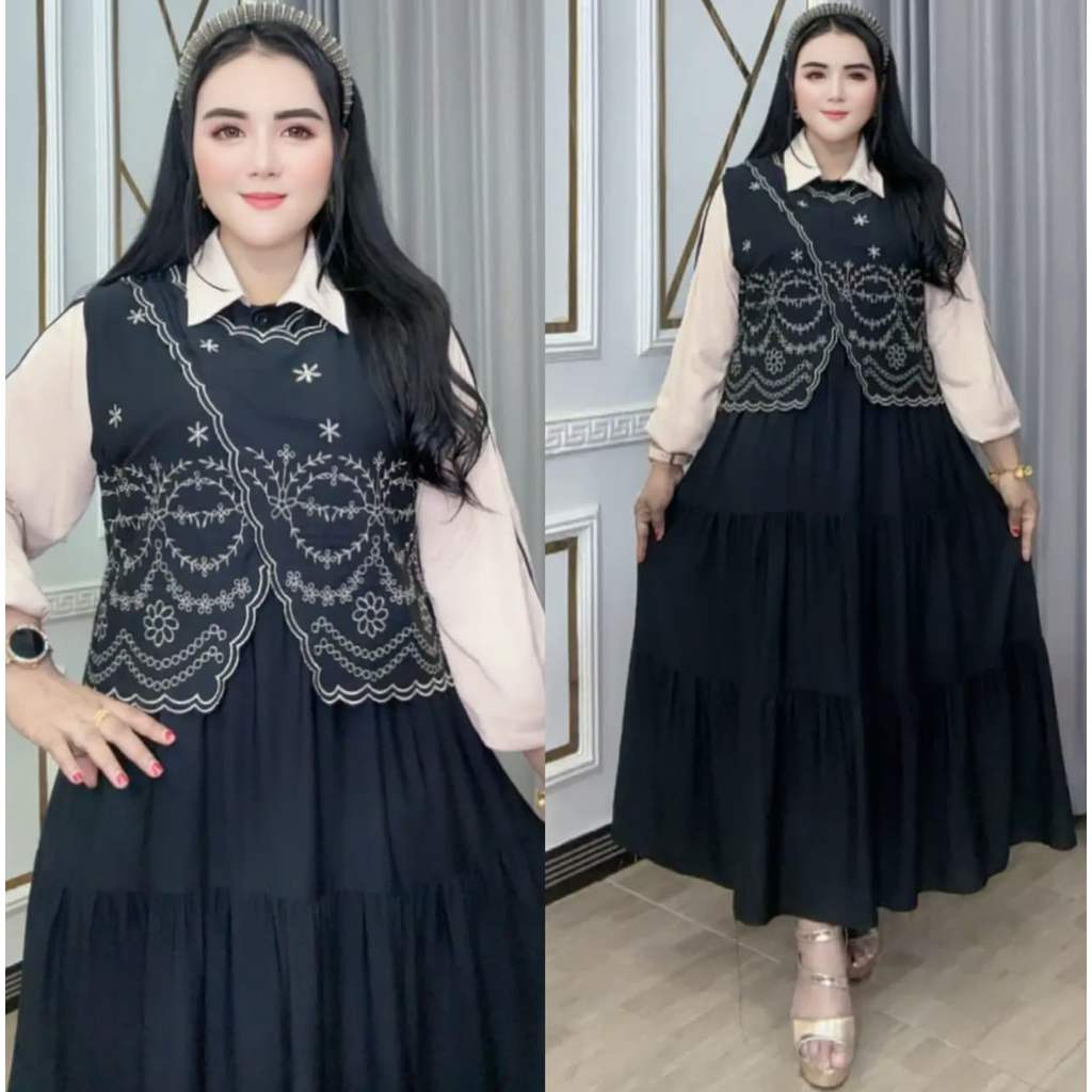 Midi Dress Wanita Pakaian Rompi Bordir Orliva 0206 3761 Rayon Twill Busui Kancing Aktif Kra Lengan P