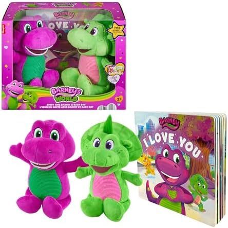 Fisher-Price Barney’s World Toddler Toys, 9 inch Barney & Baby Bop plushes with Story Book