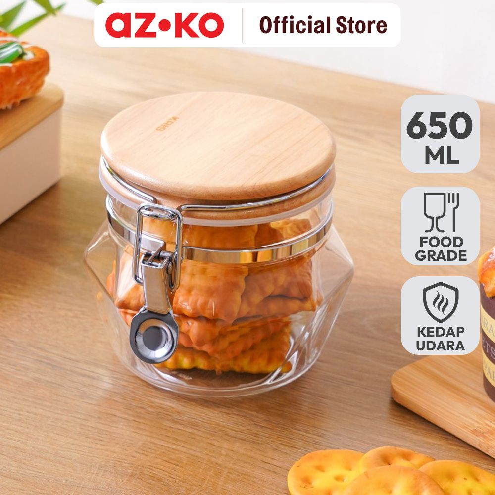 AZKO Picas 650 ml Drake Stoples Dengan Tutup Kayu Transparan Jar Tempat Simpan Snack Dan Permen Seto
