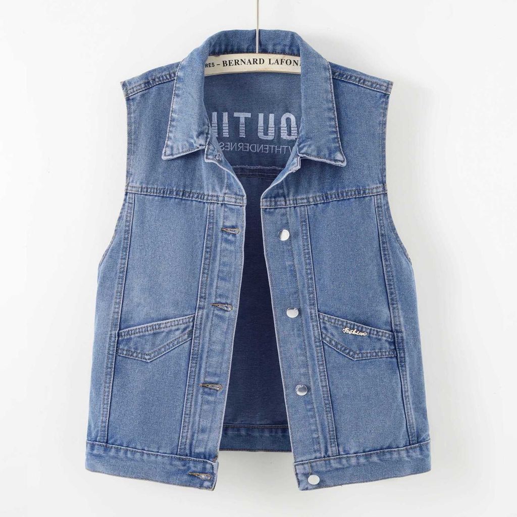 Rompi denim wanita bordir rompi longgar pendek tanpa lengan