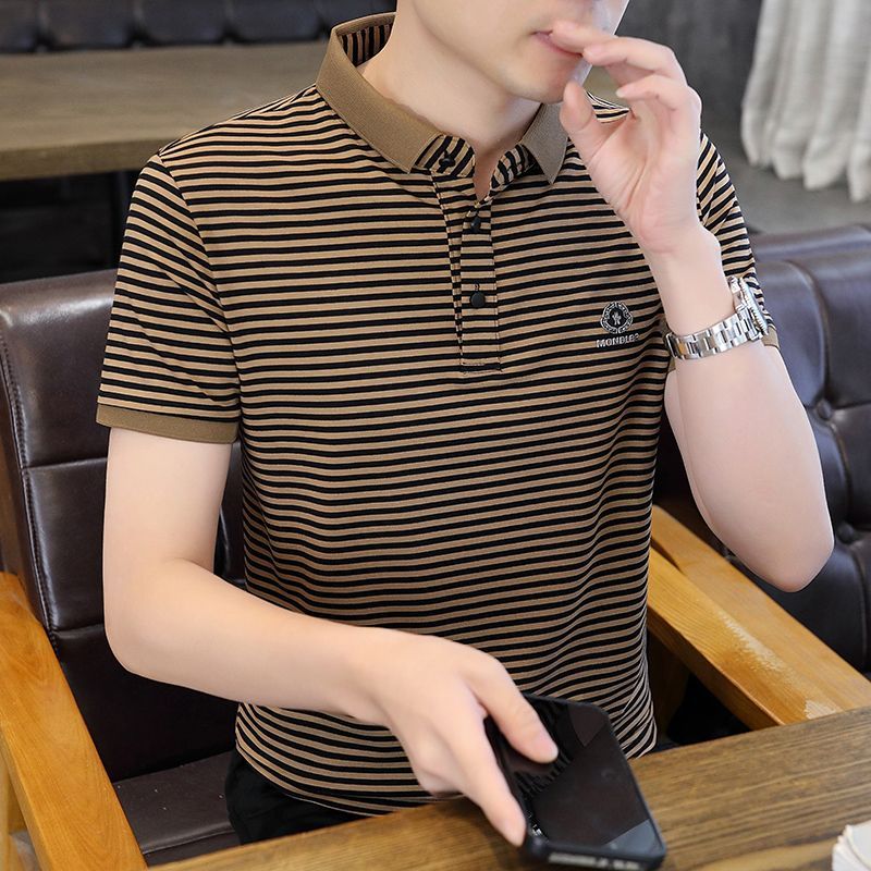 POLO shirt pria lengan pendek t-shirt katun bergaris atas