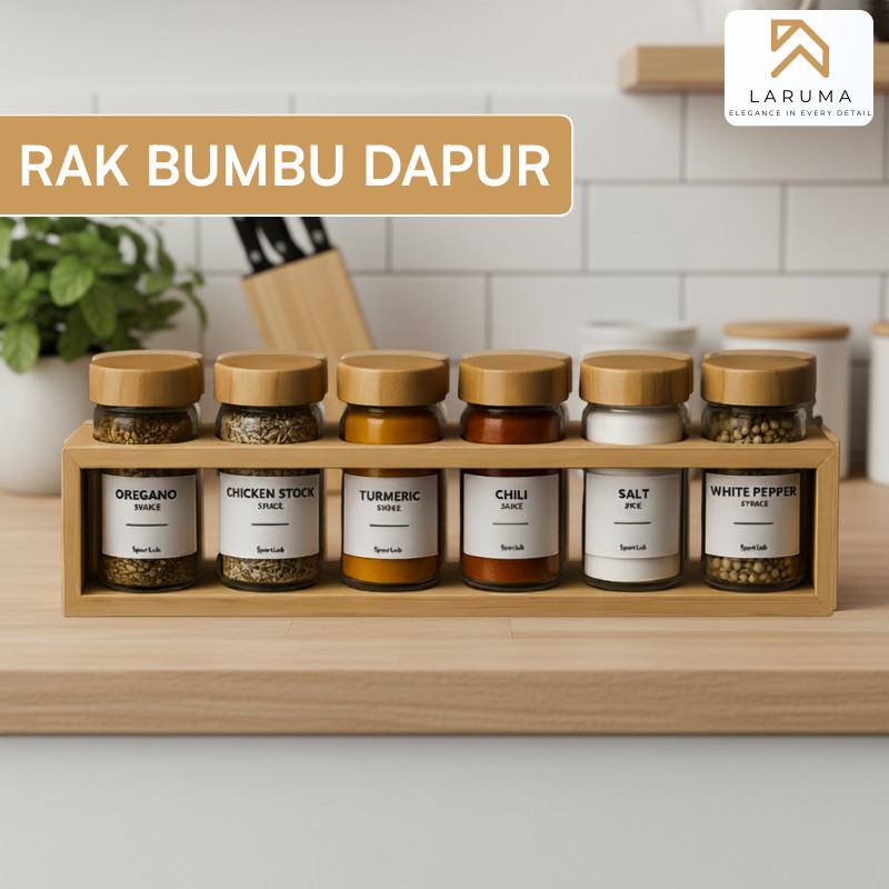 Rak Bumbu Dapur Estetik 6 Botol Kaca Spice Jar Rak Bumbu Kayu Storage Tempat Bumbu Dapur