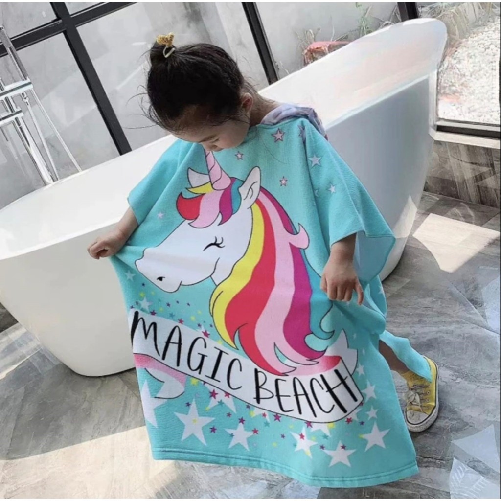 Handuk Renang Microfiber Anak Perempuan Handuk Ponco+Tas Unicorn