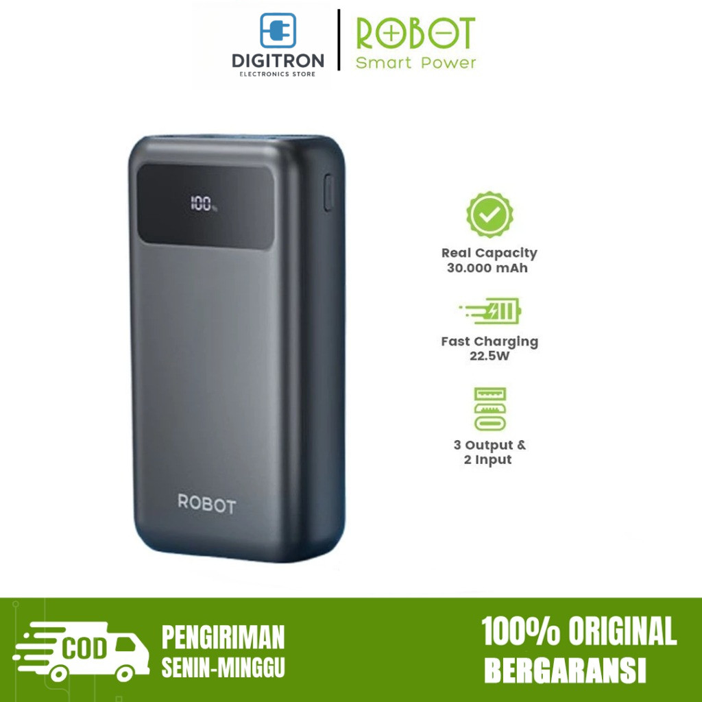 ROBOT Powerbank 30000 mAh Fast Charging 22.5W 3 Port USB Type C LED RT32 Original