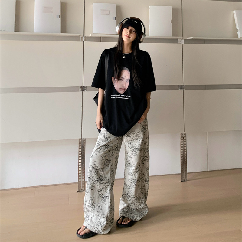 S~6XL   Jeans Bordir Kaki Lebar Retro Wanita Gaya Korea Jeans Kaki Lurus Longgar Kasual