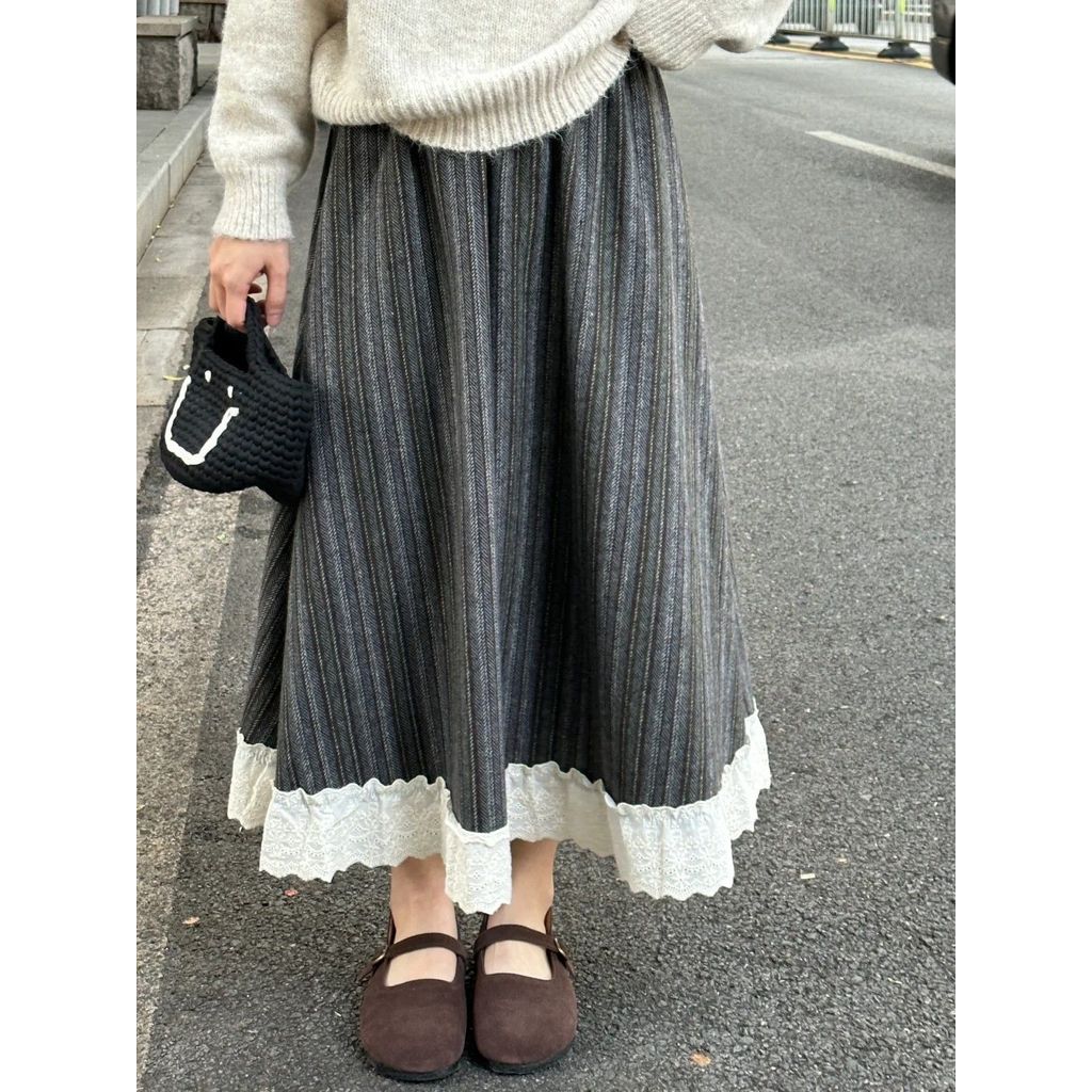 MYCASSI Rok Wanita Renda Retro Artistik Wol Gaya Mori Highwaist Rok Midi Bawahan Wanita