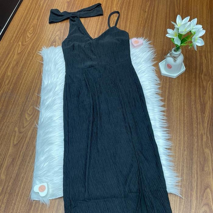DRESS MIDI ONE SHOULDER CRINKLE WANITA FASHION IMPORT BANGKOK - Hitam