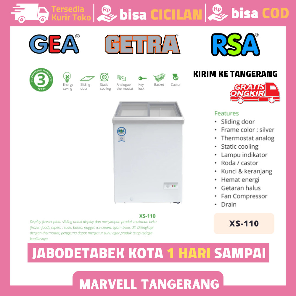 Freezer RSA XS 110 Freezer Box Sliding Kaca 100 Liter XS-110 Garansi Resmi