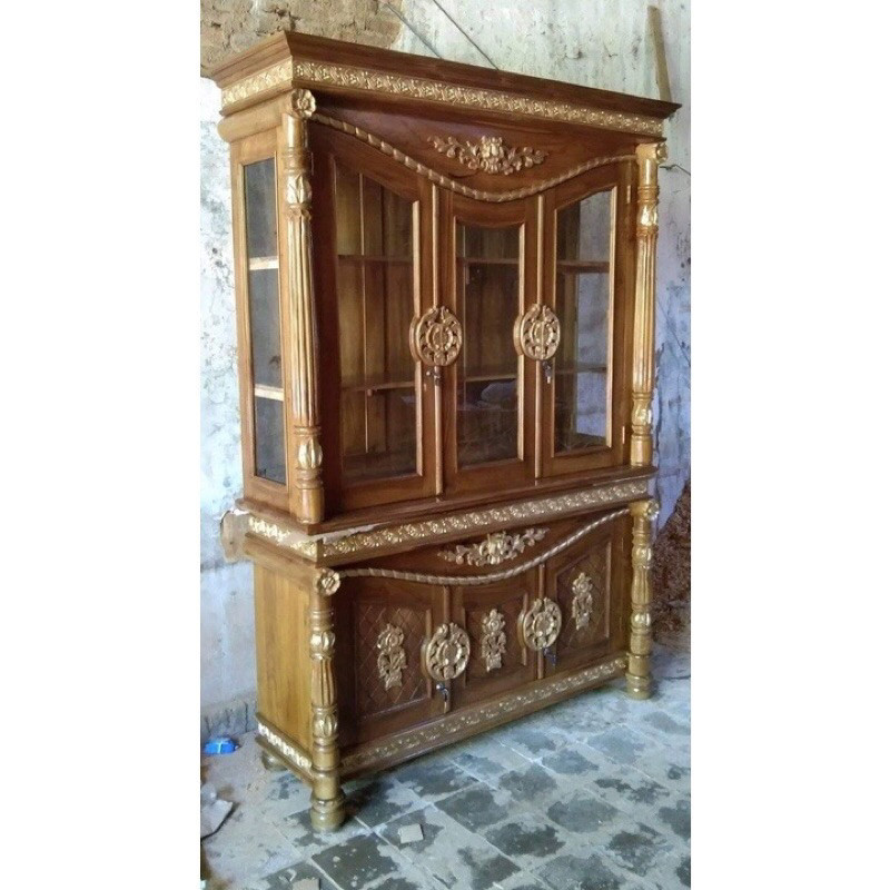 Lemari hias kaca buffet pajangan ukir kayu jati meubel jepara