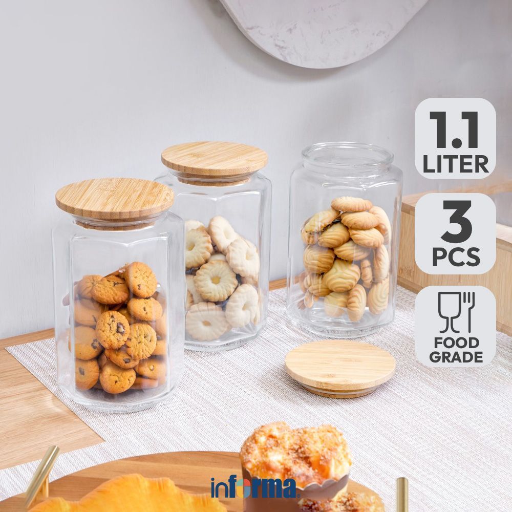 Informa Set 3 pcs Stoples Kaca Wall Jar Tempat Simpan Snack Dan Permen Setoples Toples Serbaguna Per