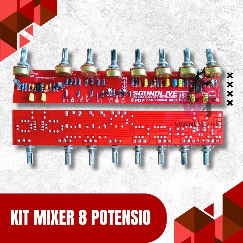 Kit Mixer 8 Potensio PCB 210x35mm DC CT 15V Untuk Studio Mini & DIY Sound