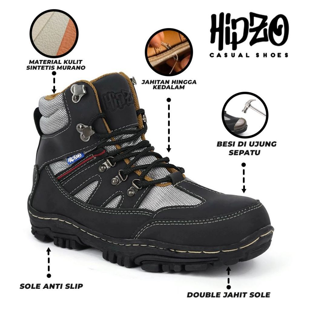 2E Sepatu Pria Hipzo M050 Sepatu Safety Ujung Besi Boots Outdoor Pria Original