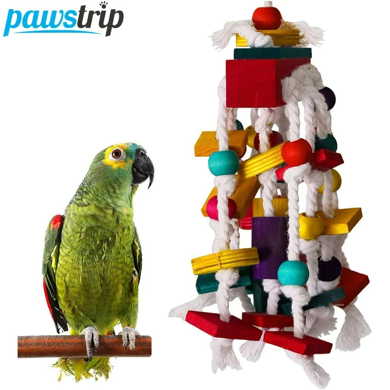 1Pc Bird Toy Funny Wooden Blocks Parrot ewing Toys Parrots Hanging ewing Rope Swing Colorful Parrots