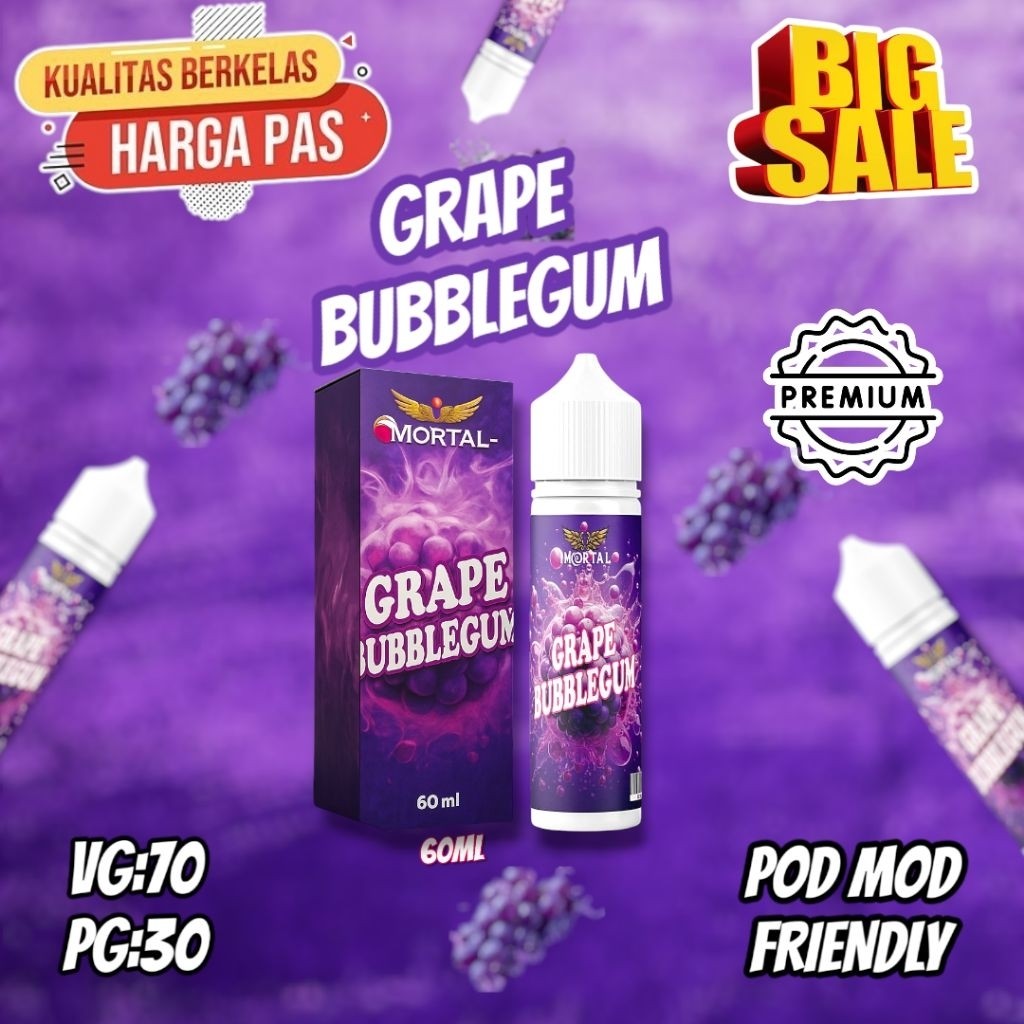 LIQUIDS PODS & VAPE FREEBASE MURAH ZERO NIC IMMORTAL 30ML & 60ML BEST SELLER-GRAPE BUBBLEGUM