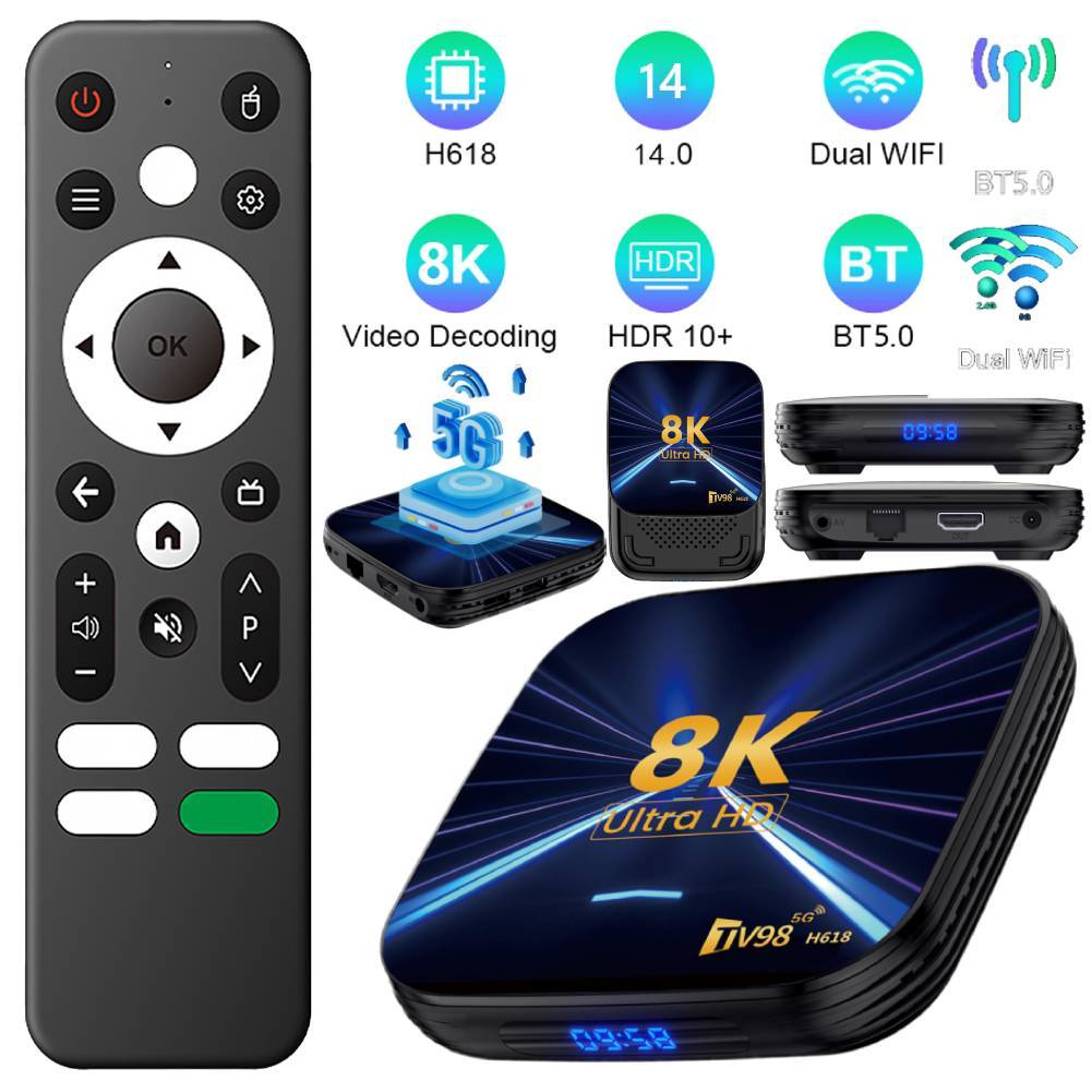 H618 Smart TV Box Android 14 Quad Core Cortex A53 8K HD Mea Player 2.4G/5G Dual WiFi 8K BT Set Top B