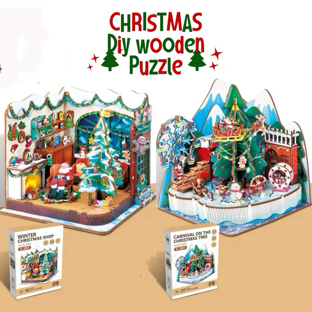 DIY 3d wooden diorama christmas tree santa house puzzle rotating puzzle kayu music box with light pu
