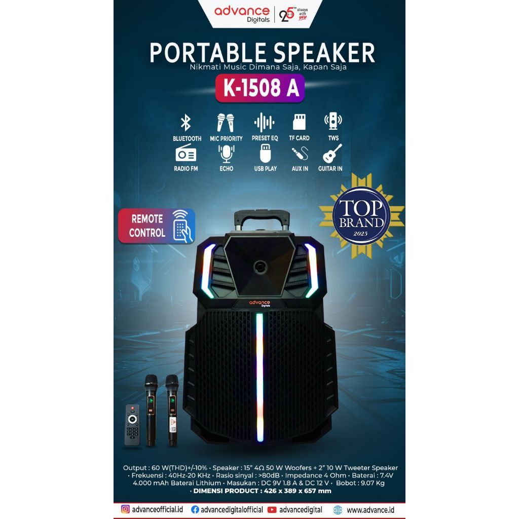 Speaker Advance K1508A / K-1508A Meeting Bluetooth Salon + 2 Mic Wireless Salon Aktif 15 inch