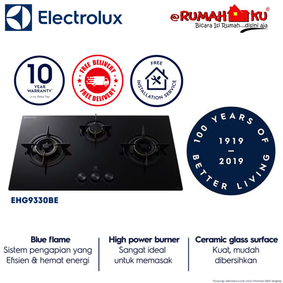KOMPOR TANAM (STAND) ELECTROLUX EHG 9330 BE / EHG9330BE BUNNER KUNINGAN TEMPERD GLASS