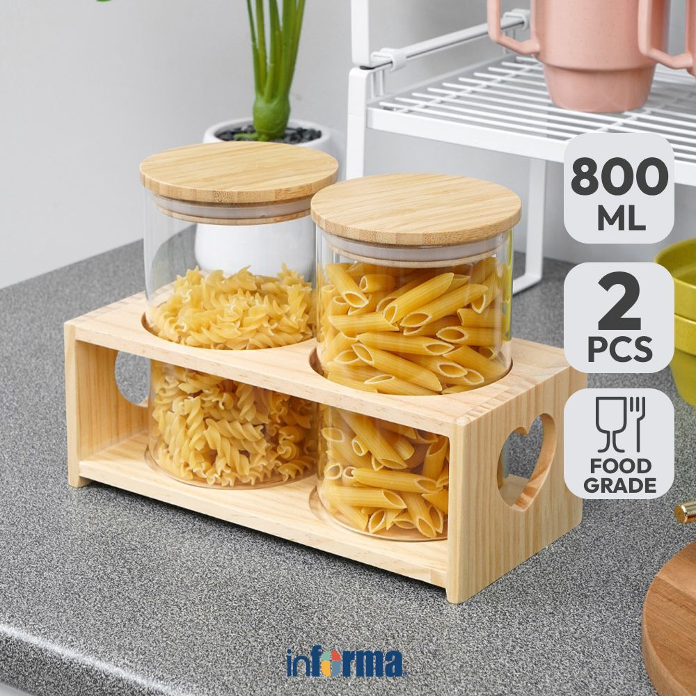 Informa 800 ml Set 2 Pcs Coco Stoples Kaca Dengan Nampan Jar Toples Kue Kering Perlengkapan Dapur Wa