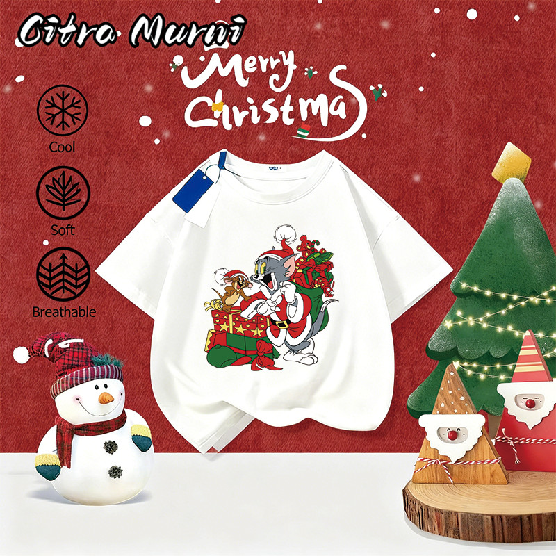 Penawaran waktu terbatasCitra Murni Kaos kolaborasi Natal Tom dan Jerry, ukuran dewasa dan anak-anak