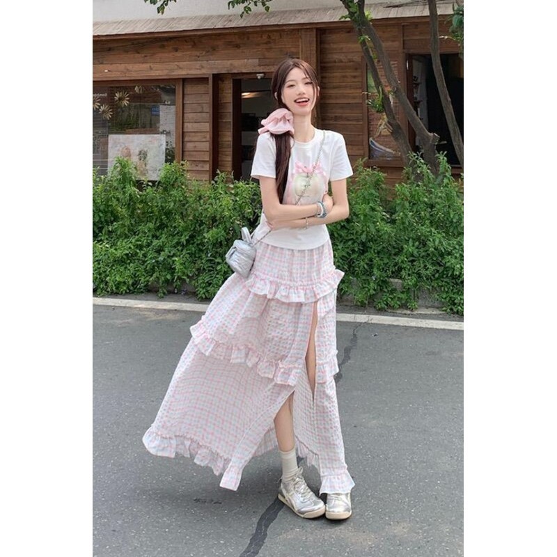 ChubChic COD Rok Midi Kotak-kotak Renda, Rok Panjang A-line Berpinggang Tinggi Ramping Baru