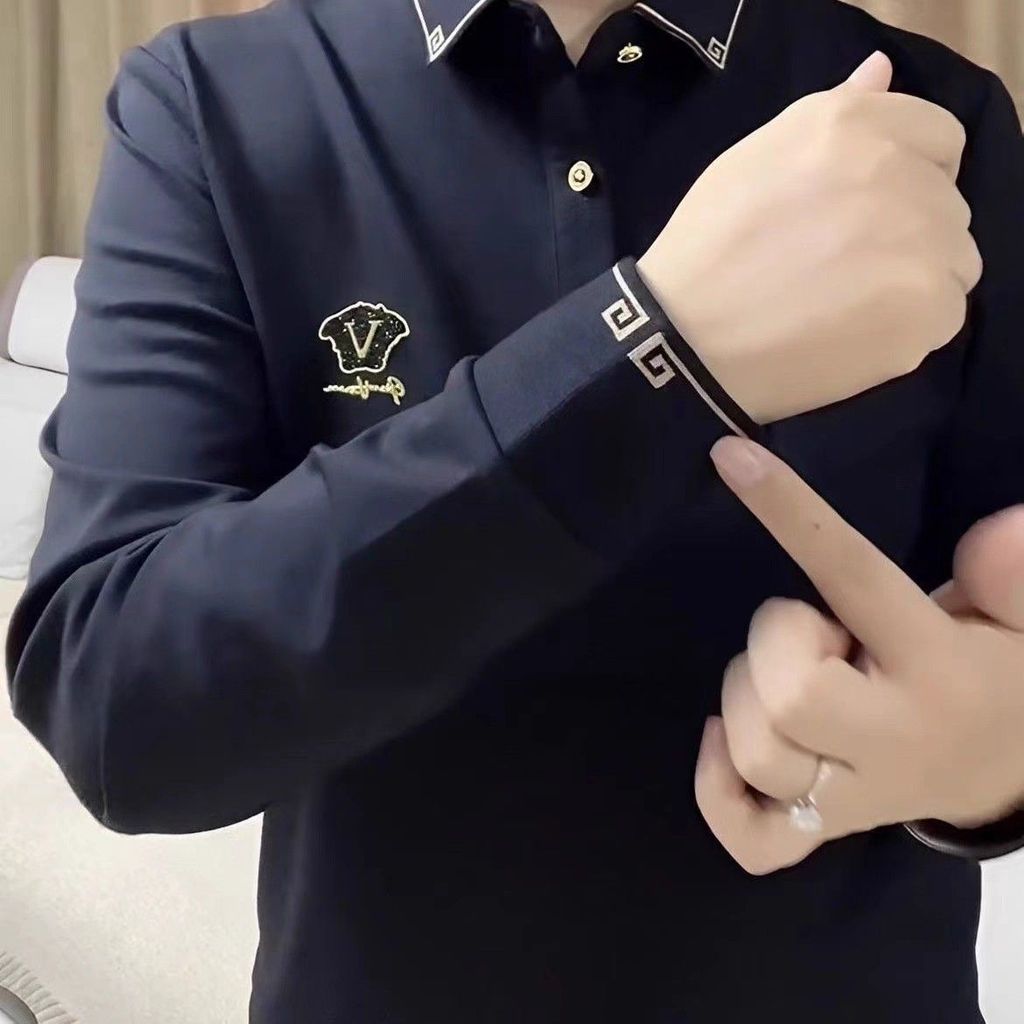 Bordir lapel polo shirt pria lengan panjang t-shirt