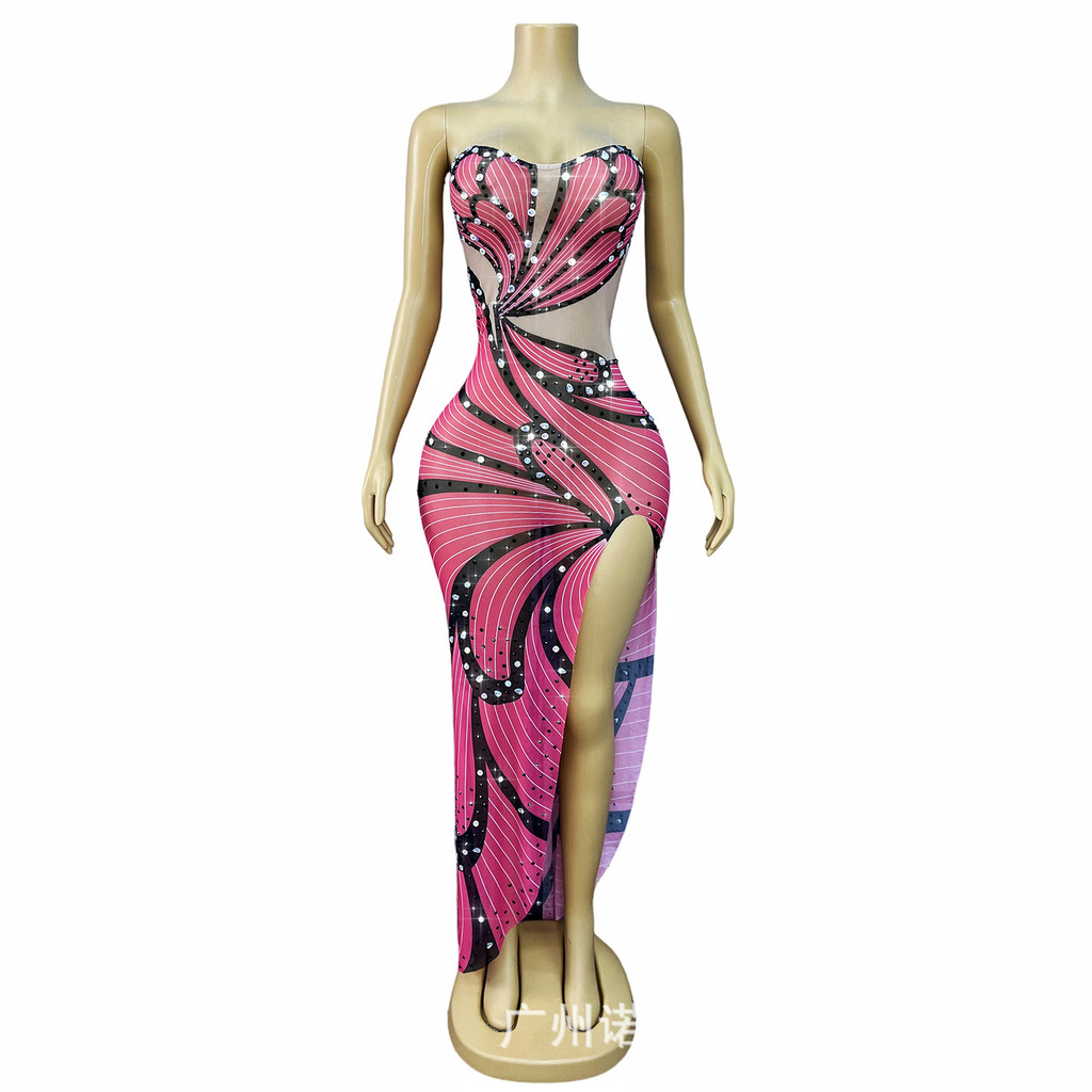 Premium Women's Clothing-Women's Dance Dress Unique Butterfly Print Rose Red Strapless Slit Long Dre